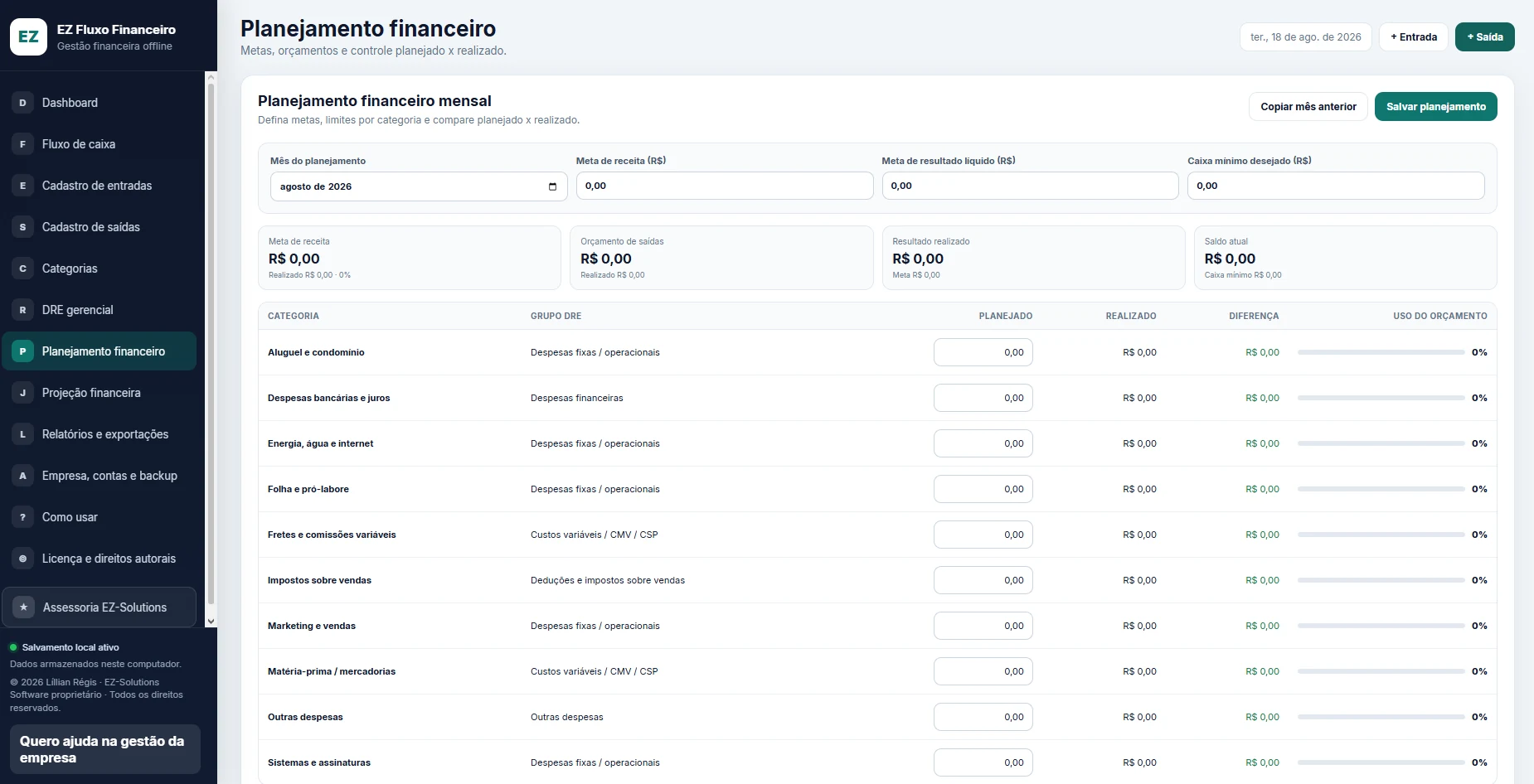 Planejamento financeiro mensal por categoria
