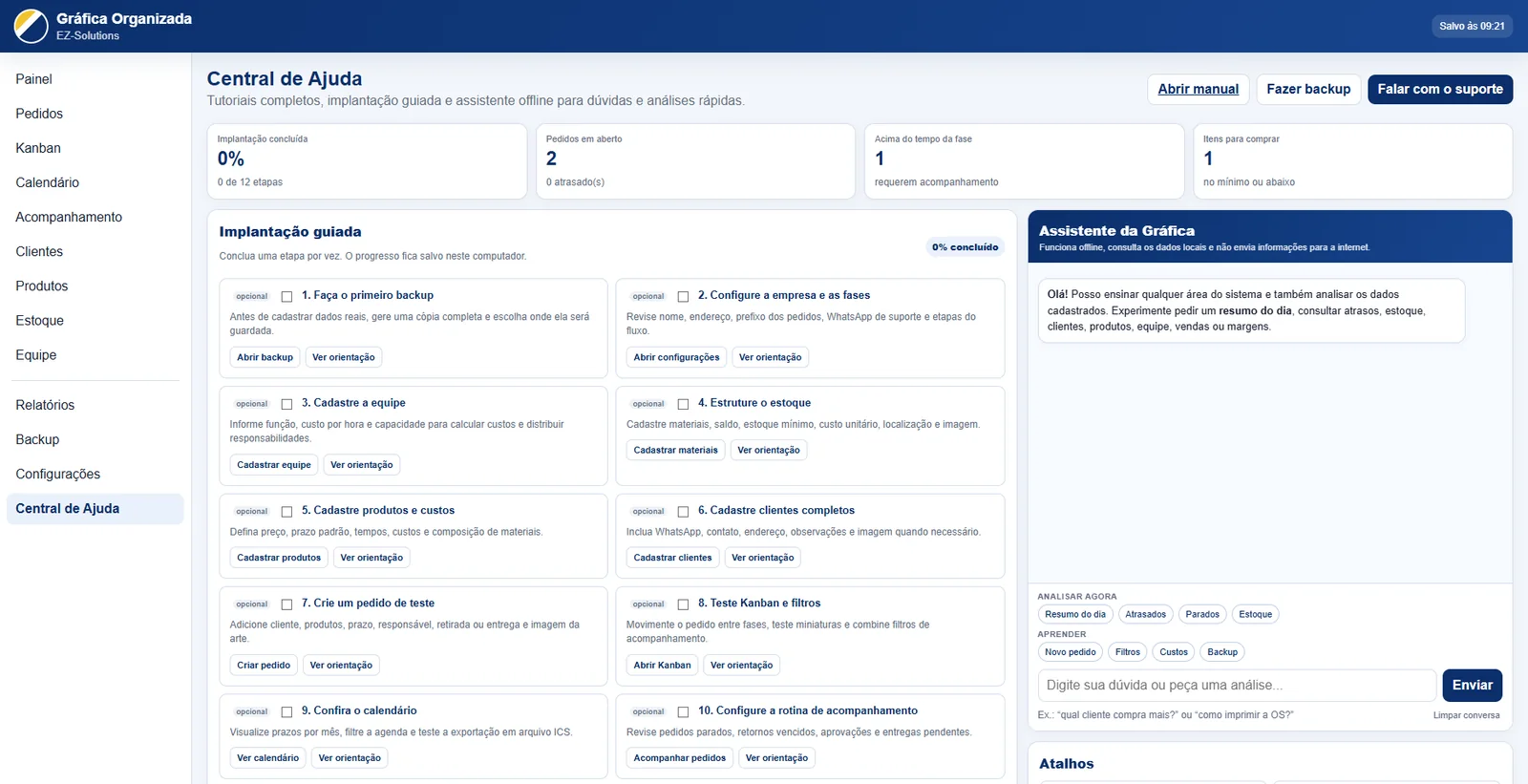 Central de ajuda com configurações e backup do Gráfica Organizada
