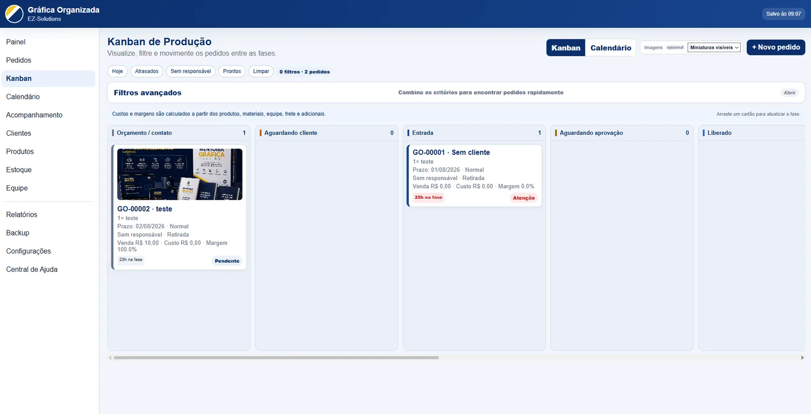 Kanban de produção para gráficas